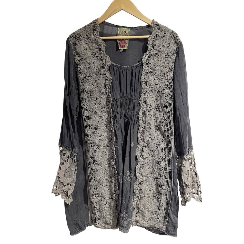 Johnny Was Gray Blouse with Cream Lace